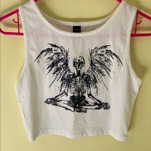 White Cropped Tank Top with Skeleton Angel Print